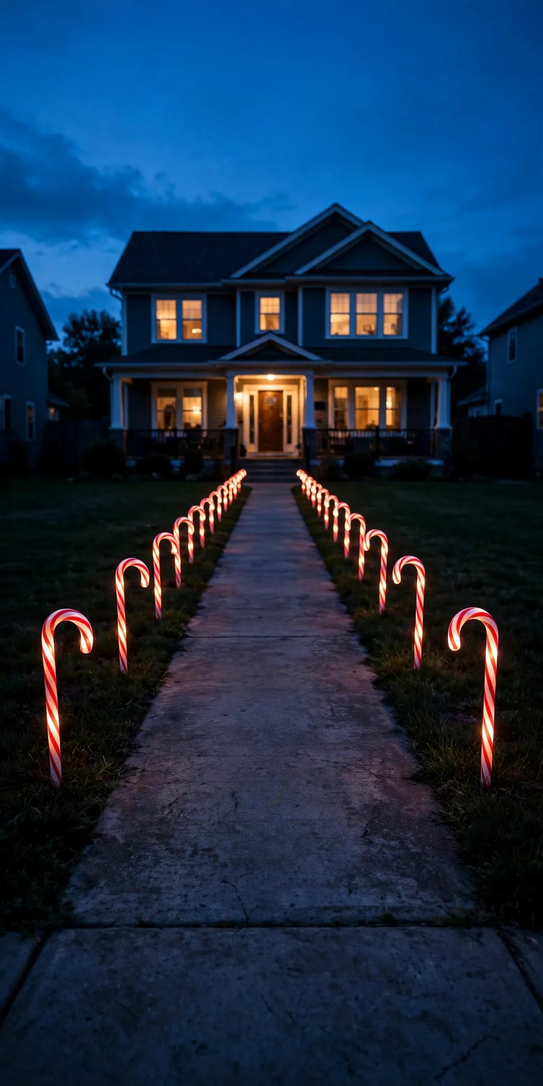 candy cane stake lights lining front walkway