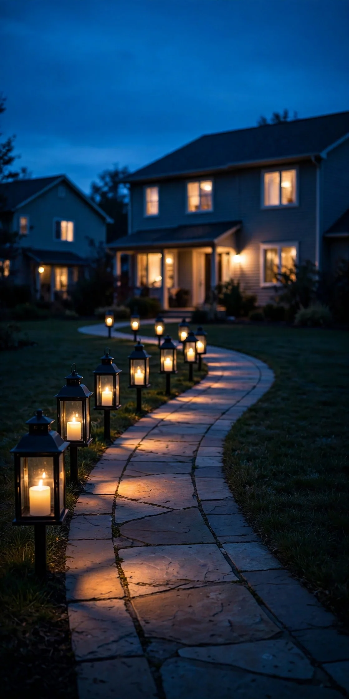 lanterns luminarias guiding front path christmas evening