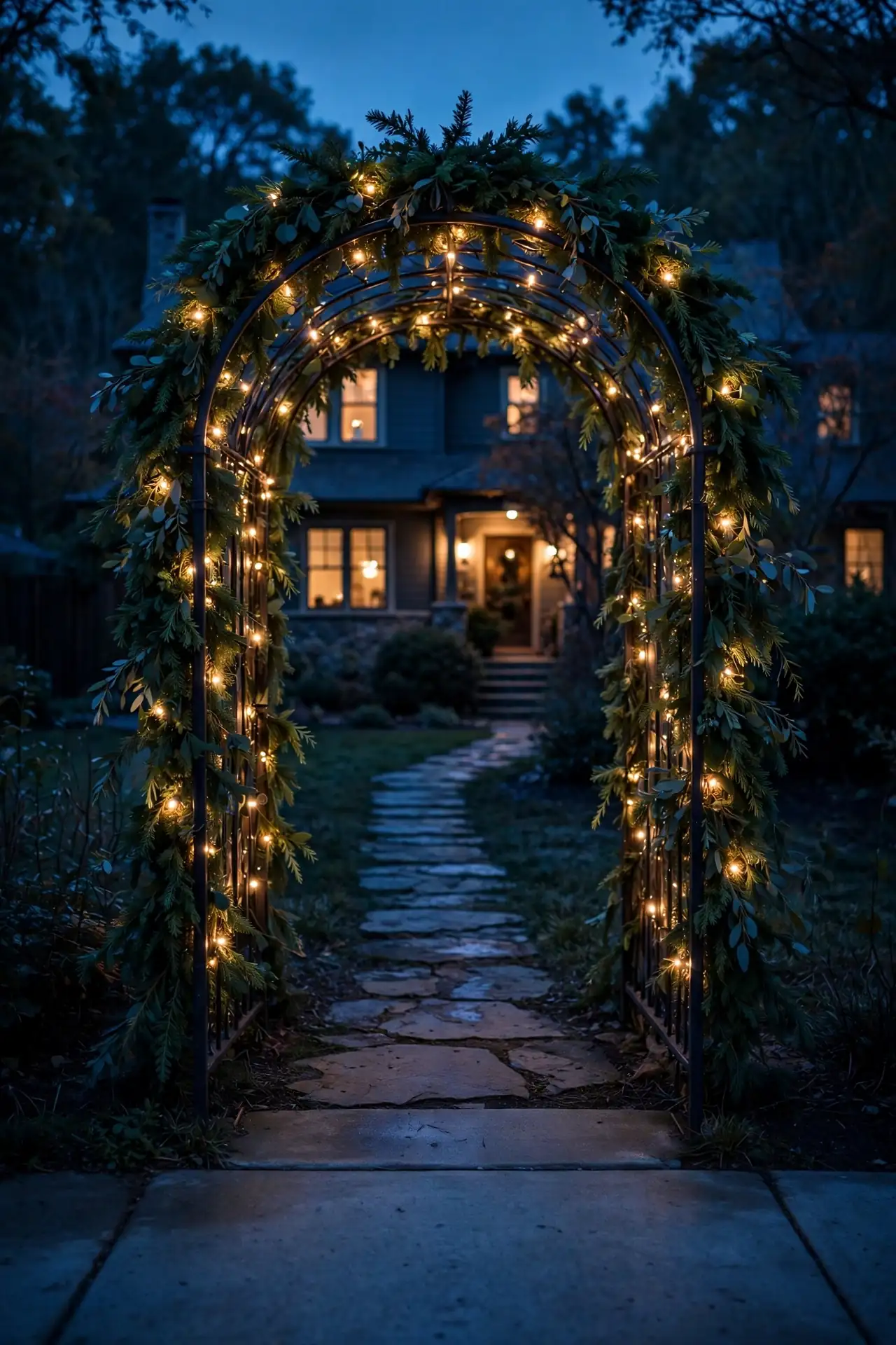lighted garland arch over front walkway entrance