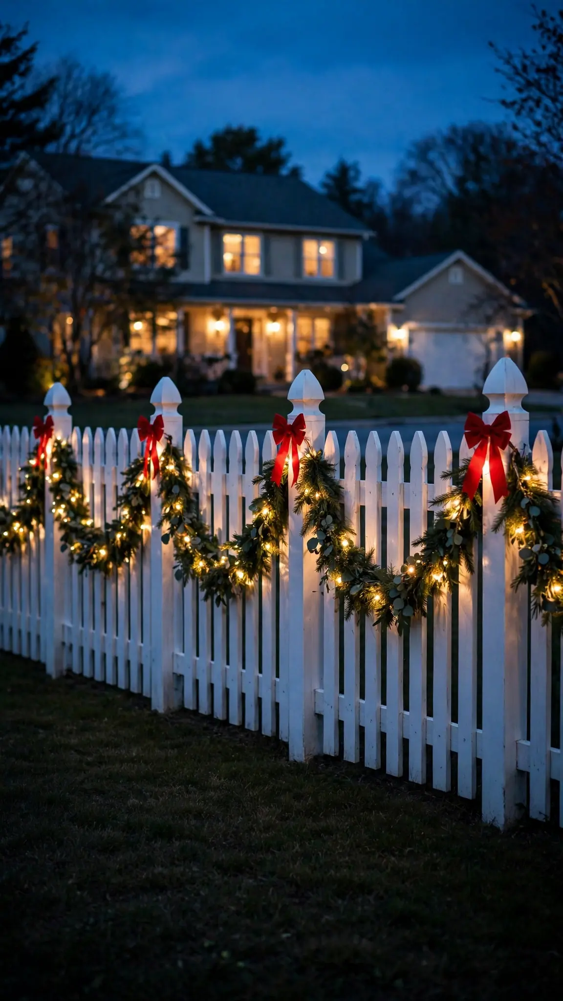 garland swags along front fence red bows