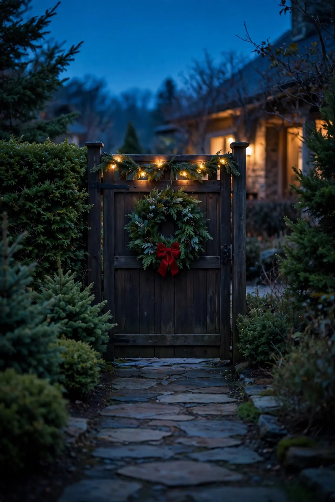 christmas wreath and garland on garden gate