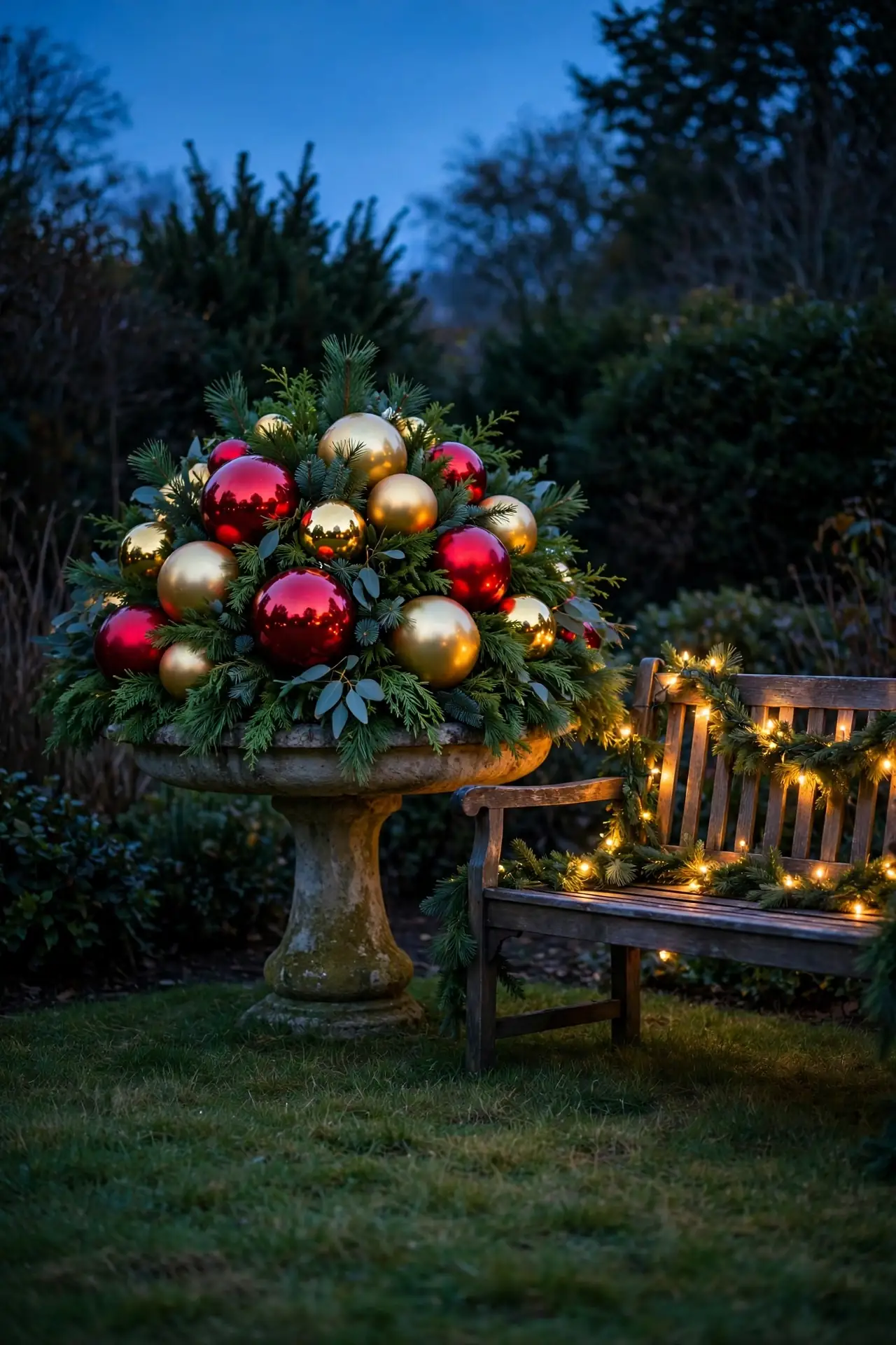 birdbath filled with christmas ornaments greenery