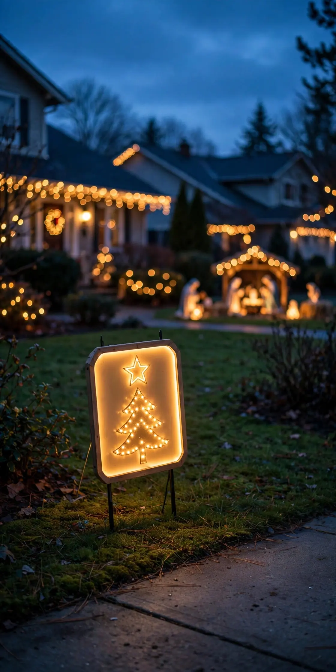 lighted merry christmas sign near sidewalk yard